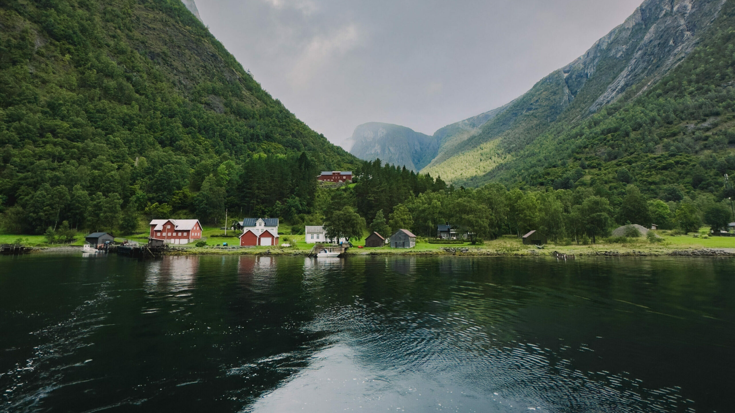 Utsiktsbilde over fjorden med grønnkledde fjell i bakgrunnen. Foto