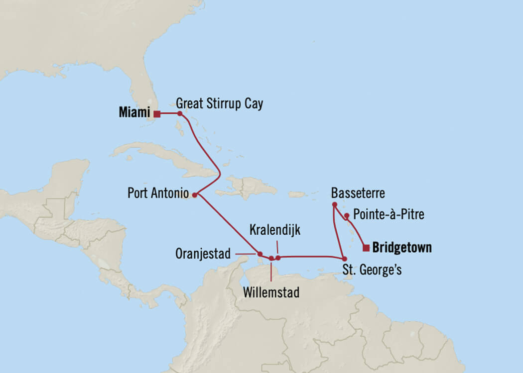 Kart over cruise i Karibia med Oceania Cruises.