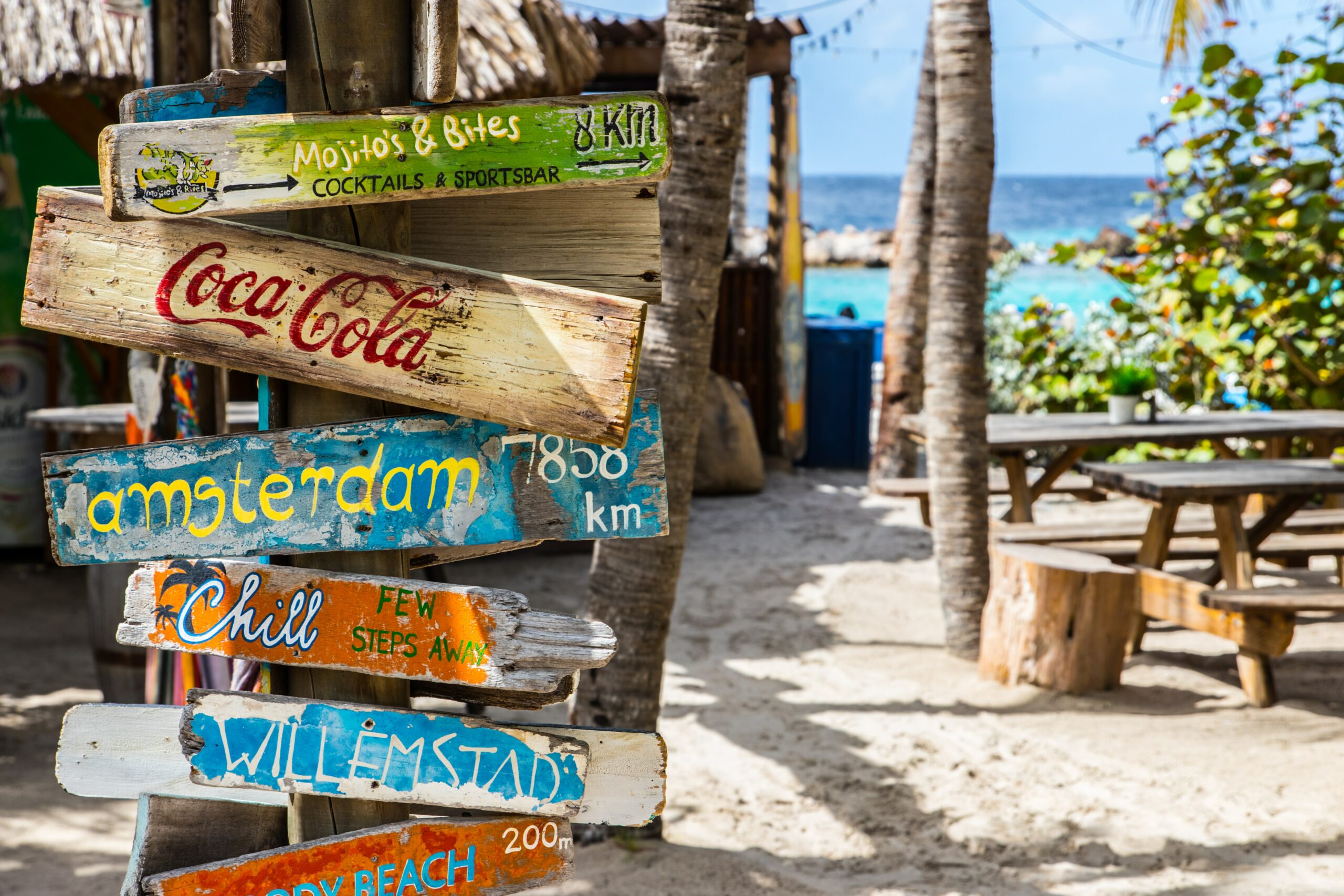 Skilt ved Mambo Beach på Curacao, Karibia.