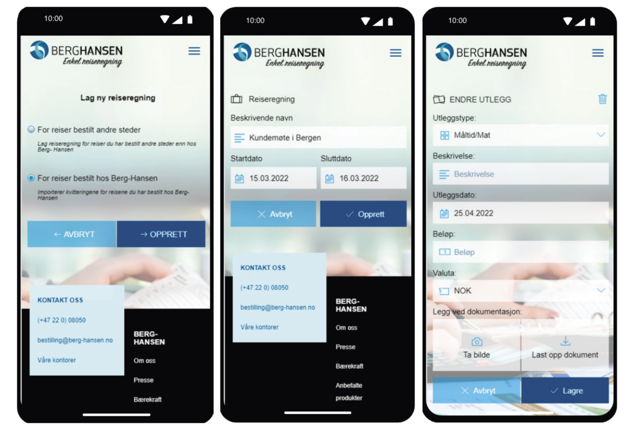 Tre mobilskjermer som illustrerer hvordan løsningen "enkel reiseregning" ser ut