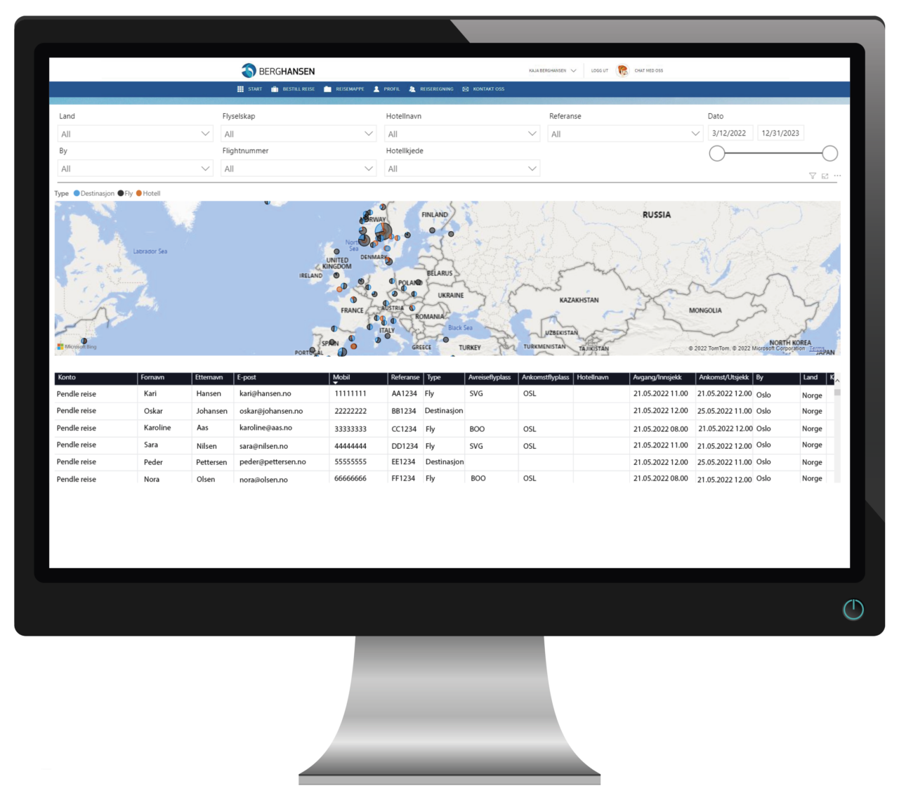 Illustrasjon som viser hvordan sporingssystemet Travel Tracker ser ut på PC