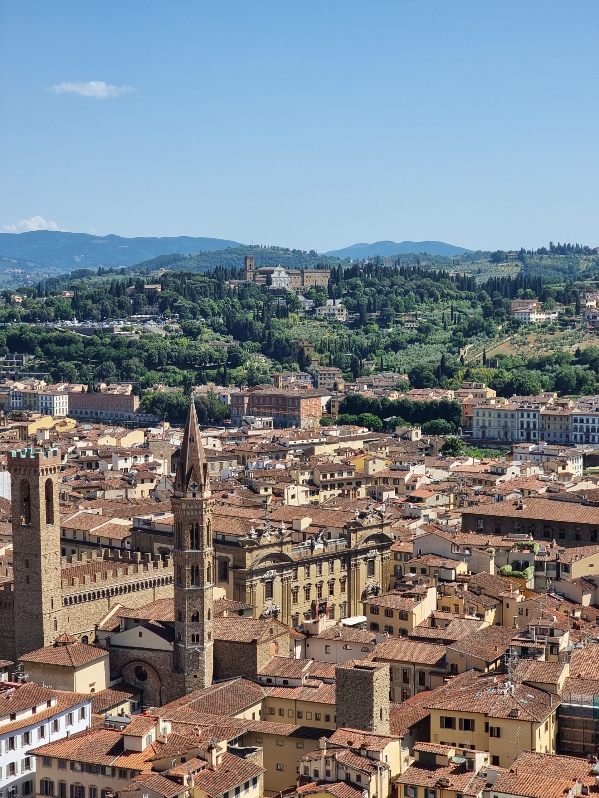 Brune hustak i Firenze med frodig grønt terreng i bakgrunnen