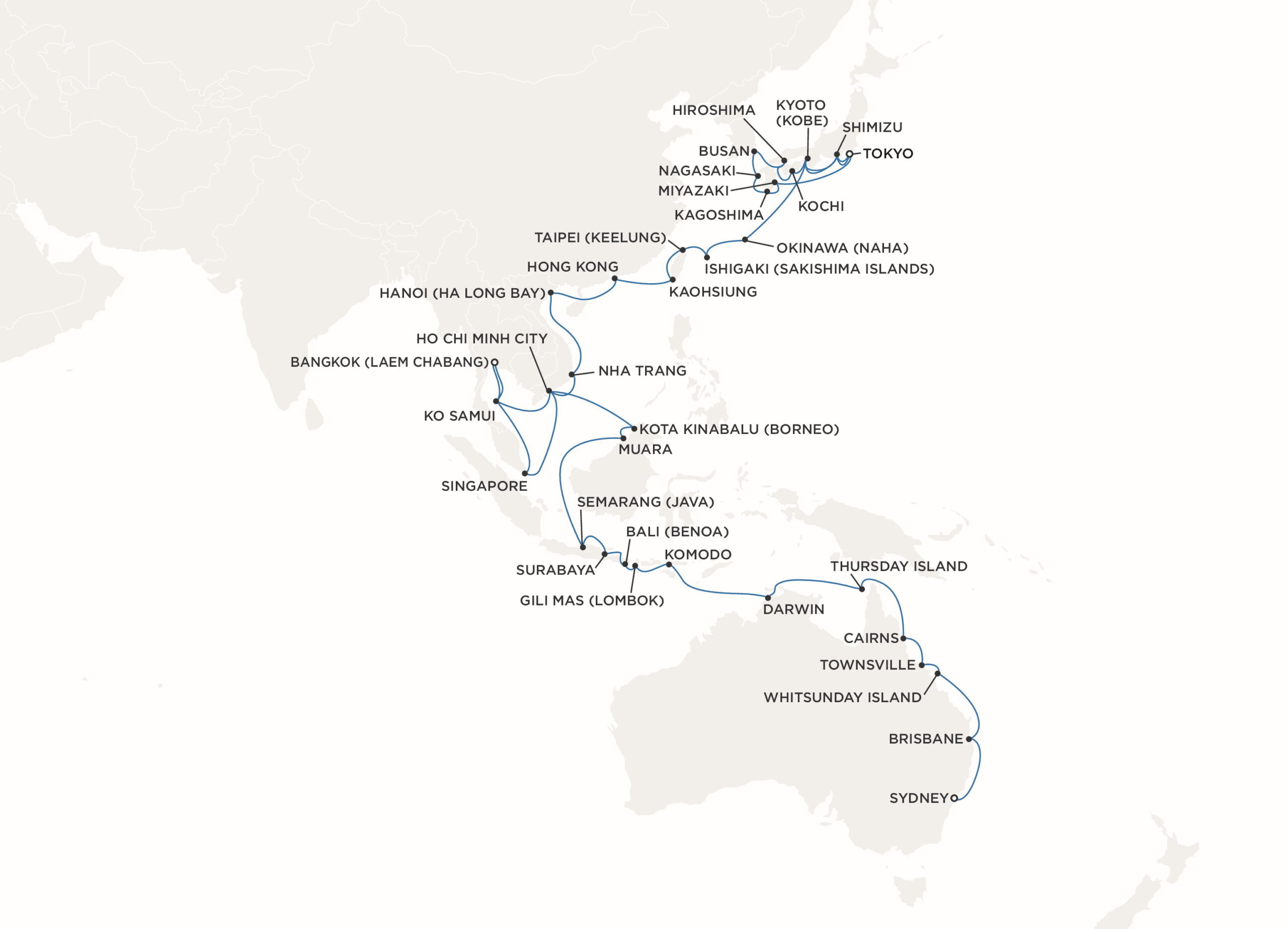 Kart over Regents Grand Asia Voyage 2024