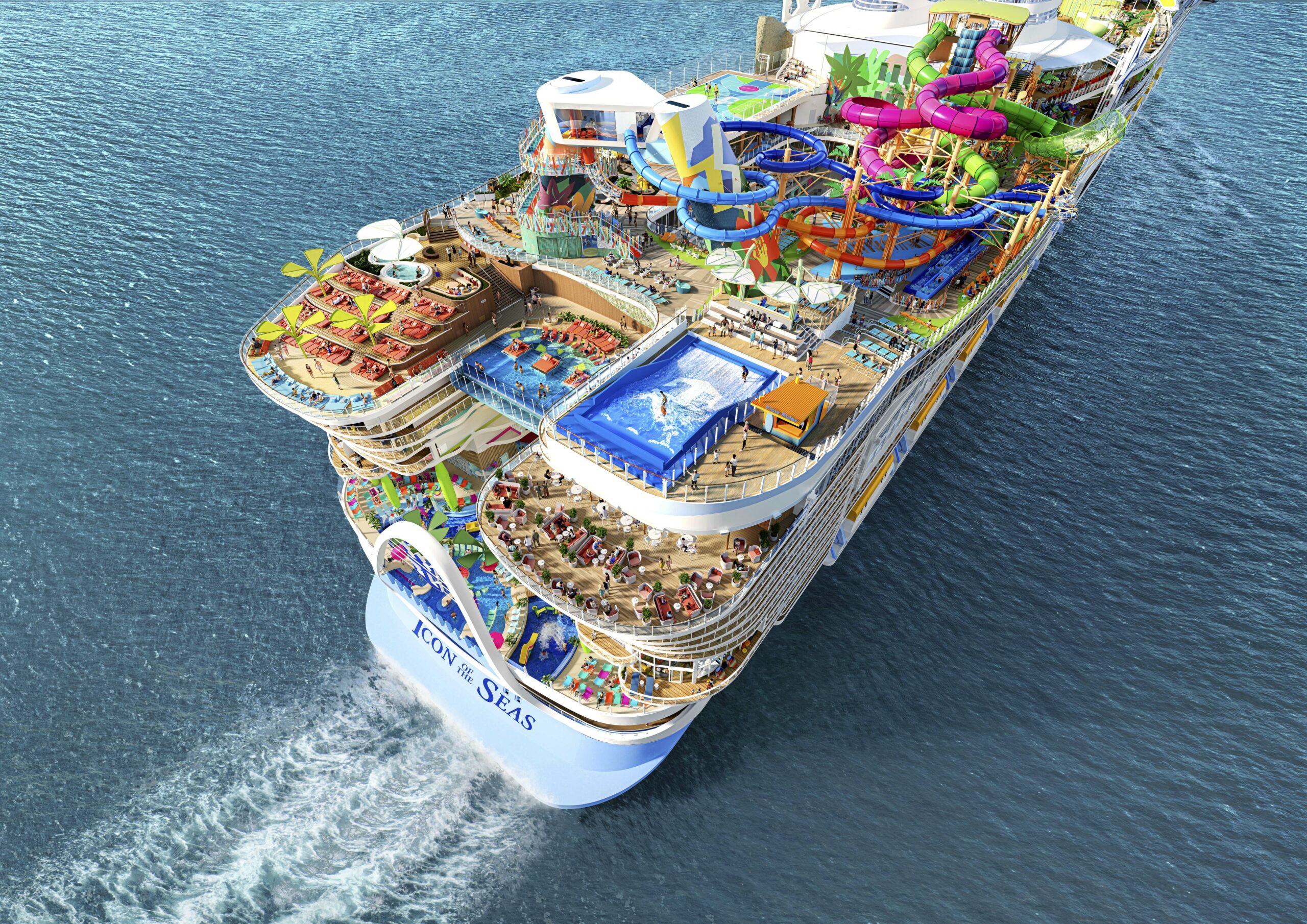 Vannpark om bord cruise skip med sklier og basseng, sett ovenfra