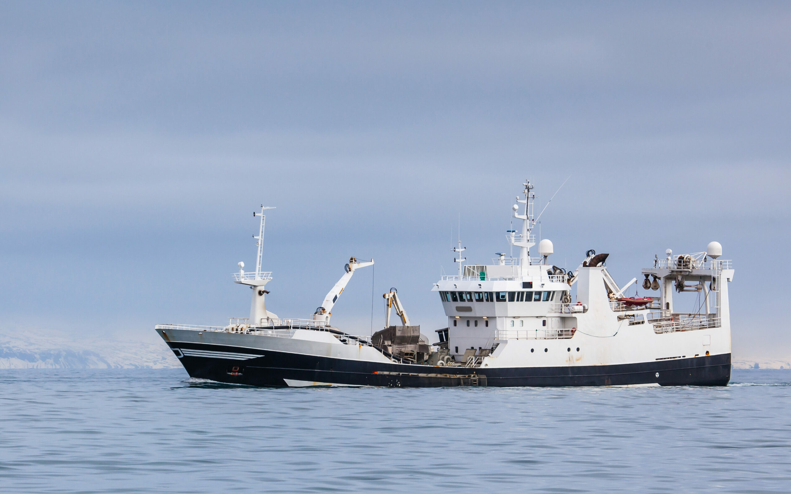 Hvit og svart fiskebåt som seiler på havet. Foto