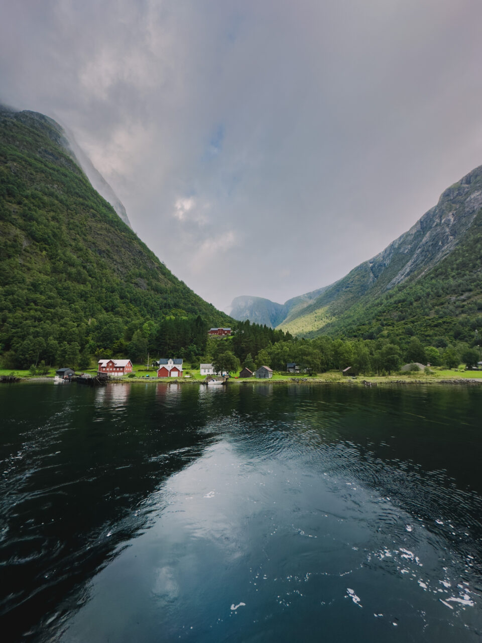 Utsiktsbilde over fjorden med grønnkledde fjell i bakgrunnen. Foto